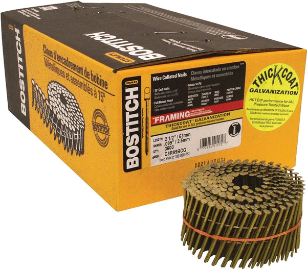 BOSTITCH Framing Nails, Wire Collated Coil, Thickcoat Galvanized, Round Head, 15-Degree, Ring Shank, 2-1/2-Inch x .099-Inch, 3600-Pack (C8R99BCG)