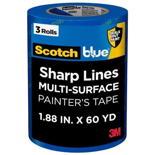 ScotchBlue Sharp Lines Multi-Surface Painter's Tape, 1.88 Inches x 60 Yards, 3 Rolls, Blue, Paint Tape Protects Surfaces and Removes Easily, Edge-Lock Painting Tape for Indoor and Outdoor Use 2093-48TC3