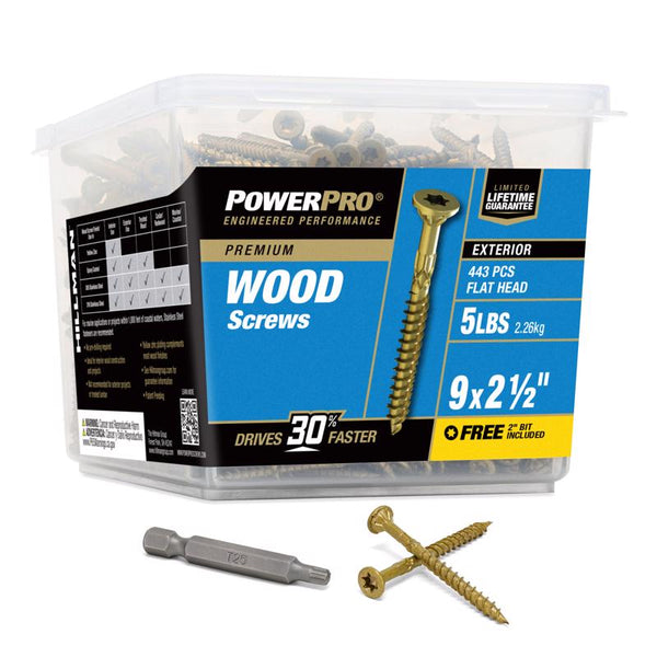 Power Pro 48610 Wood Screws, #9 x 2-1/2'', Premium Outdoor Deck Screws, Rust Resistant, Epoxy Coated Bronze, 5lb Tub, 501 pcs 48610V4