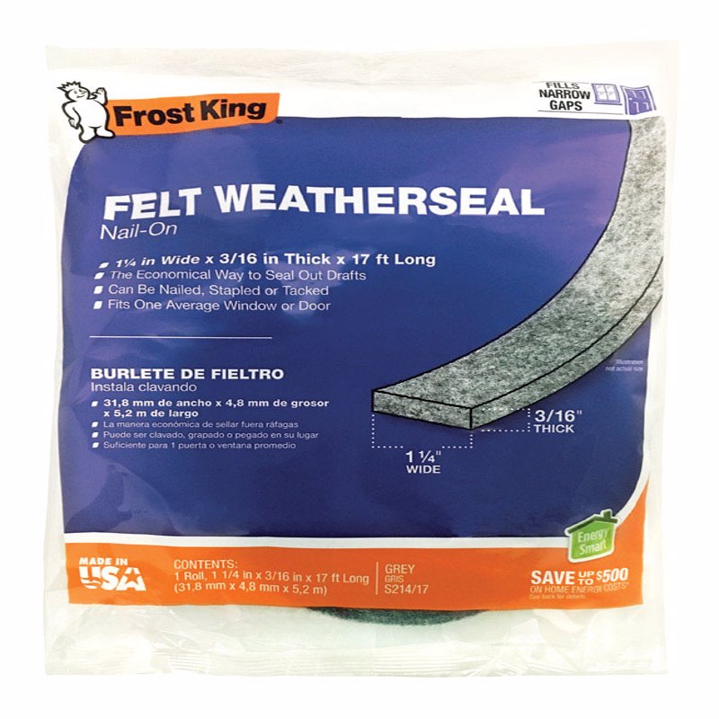 Frost King S214/17H Felt Weather-Strip 1-1/4-Inch by 3/16-Inch by 17-Feet, Grey, 1, Grtay|Grays
