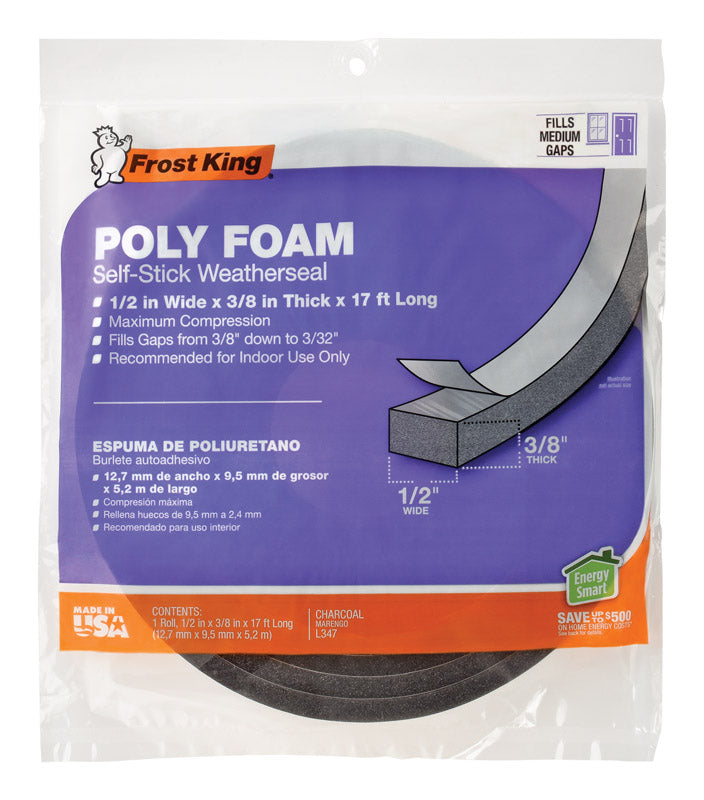 Frost King L347 Self-Adhesive Open Cell Tape, 17 Ft L X 1/2 in W 3/8 in T, Polyfoam, Charcoal, 1/4" T