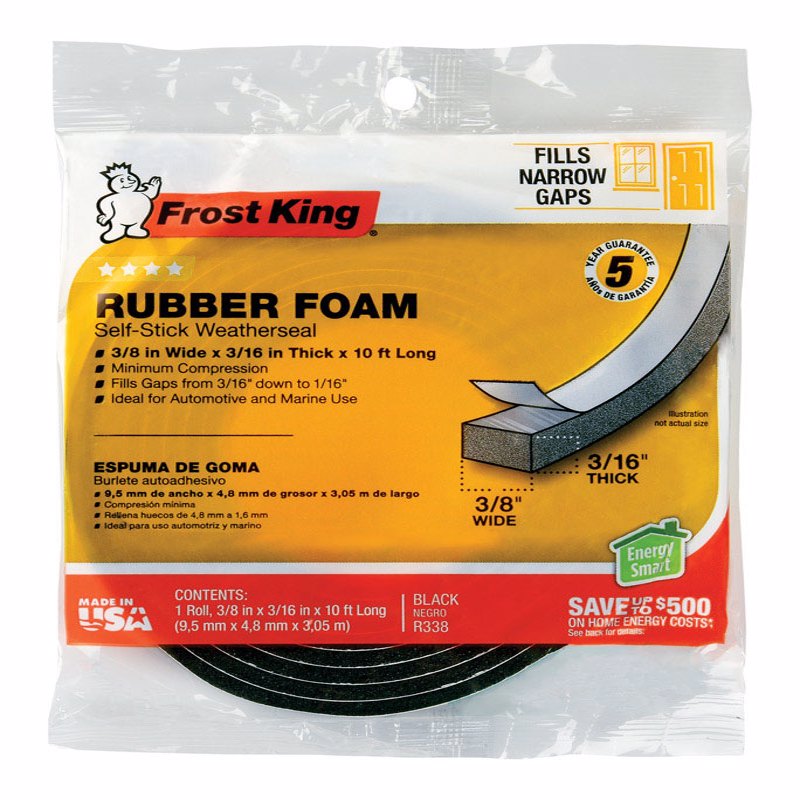 Frost King R338H Self-Stick Rubber Foam Weatherseal, 3/8"W, 3/16"T, Black|Blacks