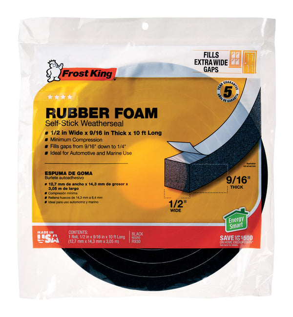 Frost King Black Rubber Foam Weather Stripping Tape For Auto and Marine 10 ft. L x 9/16 in. R930H