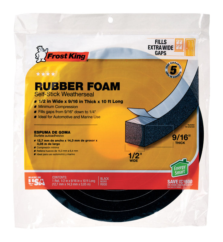 Frost King Black Rubber Foam Weather Stripping Tape For Auto and Marine 10 ft. L x 9/16 in.