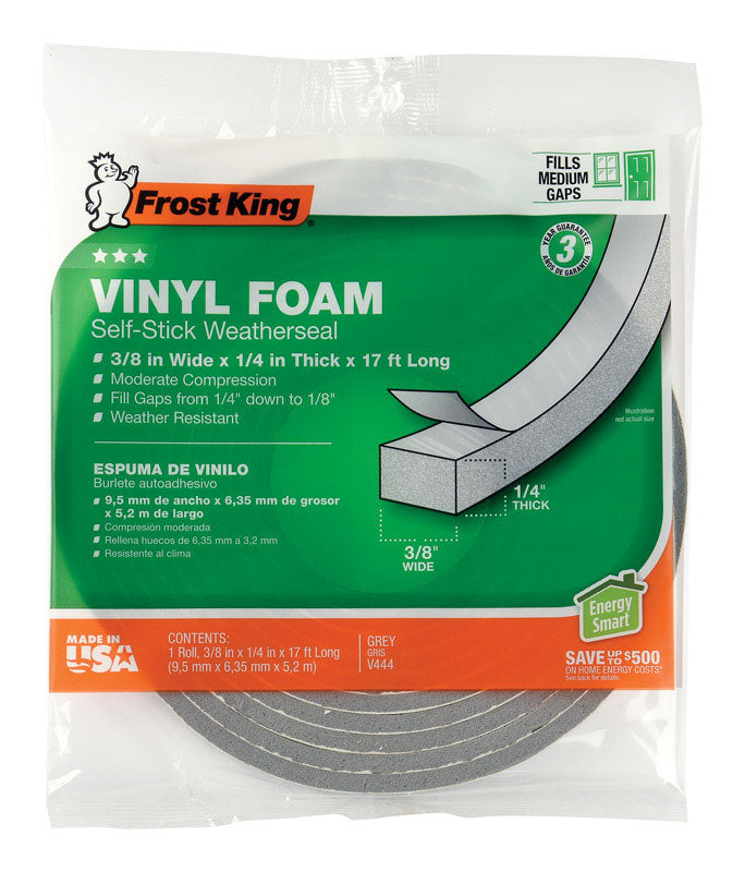 Frost King Vinyl Foam Tape - Closed Cell - Moderate Compression, 3/8" W, 1/4" Thick, 17' L, Grey