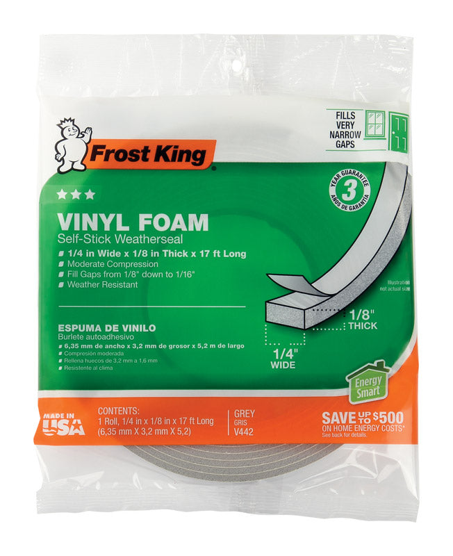 Frost King Vinyl Foam Tape - Closed Cell - Moderate Compression, 1/4" W, 1/8" Thick, 17' L, Grey - V442H