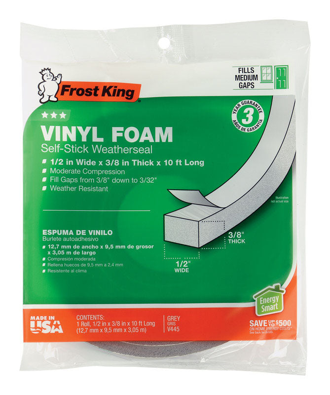 Frost King Vinyl Foam Tape - Closed Cell - Moderate Compression, 1/2 W", 3/8" Thick, 10' L, Grey