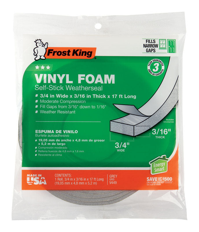 Frost King Vinyl Foam Tape - Closed Cell - Moderate Compression, 3/4" W, 3/16" Thick, 17' L, Grey