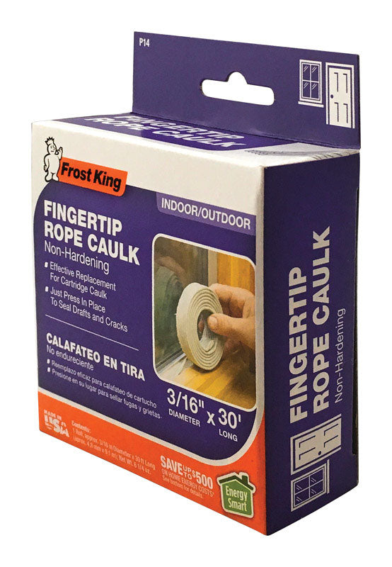 Frost King P14H Fingertip Rope Caulk, 30' Long, 6-1/4 oz, Gray, 30 Foot