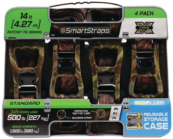 SMARTSTRAPS 14' Camo X Ratchet Straps, 4 Pack - Standard Duty Camo Ratchet Straps, 1,500lb Break Strength, 500lb Safe Work Load - Haul Dirt Bikes, ATVs, and Lawn Tractors with Patented Technology 1958