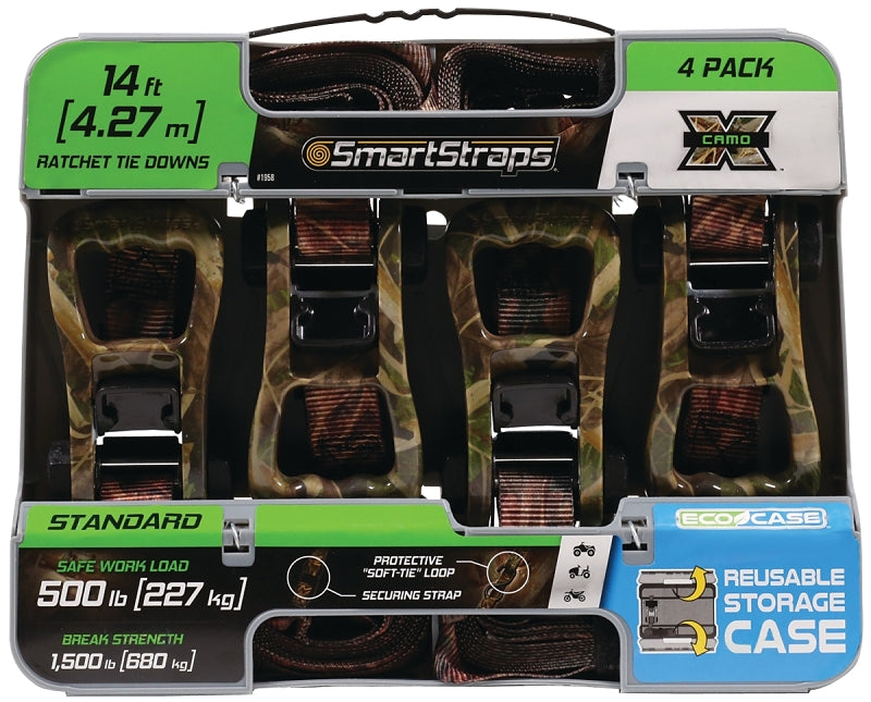 SMARTSTRAPS 14’ Camo X Ratchet Straps, 4 Pack — Standard Duty Camo Ratchet Straps, 1,500lb Break Strength, 500lb Safe Work Load — Haul Dirt Bikes, ATVs, and Lawn Tractors with Patented Technology