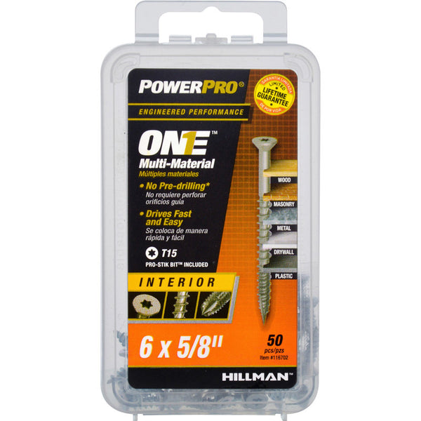 Hillman Power Pro Premium One Multi-Material Flat Head Screws, Zinc Plated Steel, Fasten in Wood, Metal, Concrete, Drywall and Plastic, Silver, #6 x 5/8 inch, Box of 50 Screws 116702