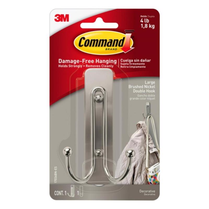 Command Large Brushed Nickel Double Hooks, 1 Hook, 1 Strip 17036BN-ES