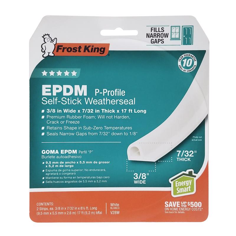 Frost King EPDM Rubber Self-Stick Weatherseal Tape, P-Section, 3/8" W, 7/32" T, 17 ft L, White