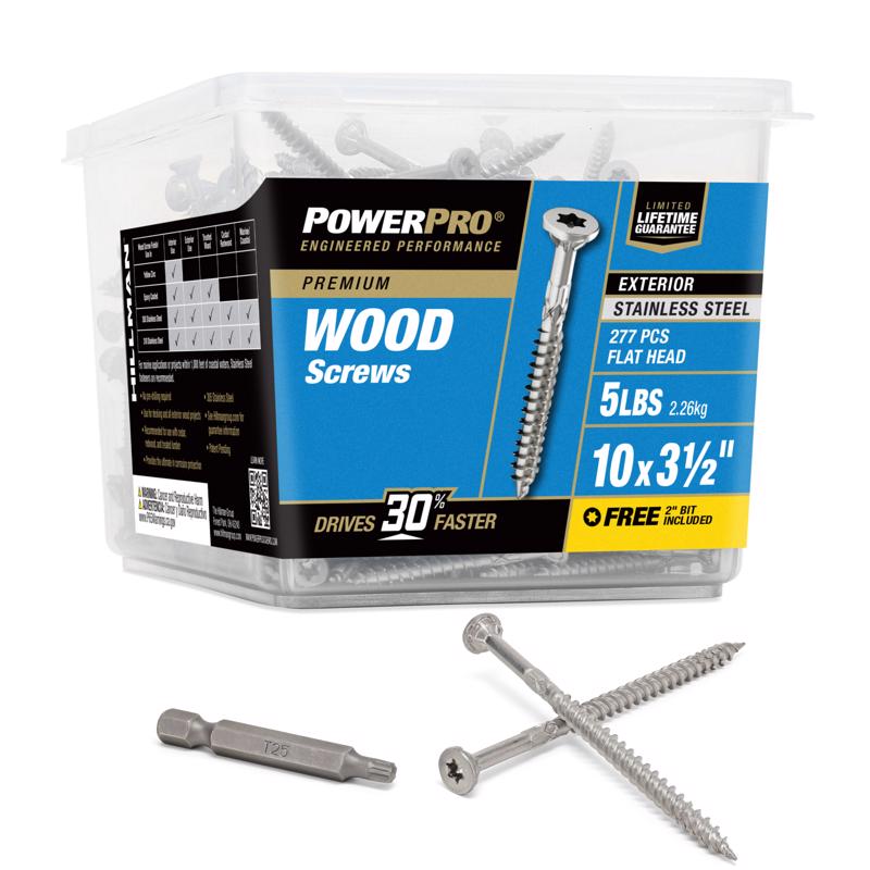Power Pro 48629 Wood Screws, #10 x 3-1/2, Premium Stainless Marine Screws, Rust Resistant , Stainless Steel, 5LB Plastic, 5 lb