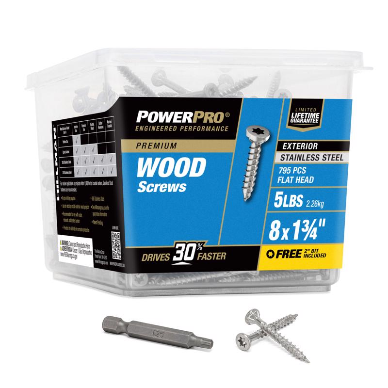 Power Pro 48625 Wood Screws, #8 x 1'', Premium Stainless Marine Screws, Rust Resistant , Stainless Steel, 5lb Tub, 860 pcs