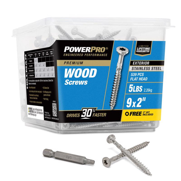 Power Pro 48626 Wood Screws, #9 x 2, Premium Stainless Marine Screws, Rust Resistant, Stainless Steel, 5lb Tub, 630 pcs 48626V4