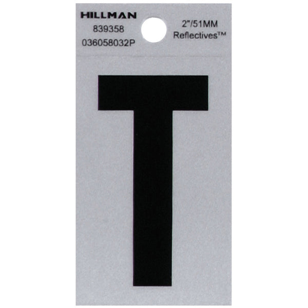 Hillman Group 839358 2 in. Black & Silver Reflective Mylar Square Cut Self Adhesive Letter - T - 6 Piece66
