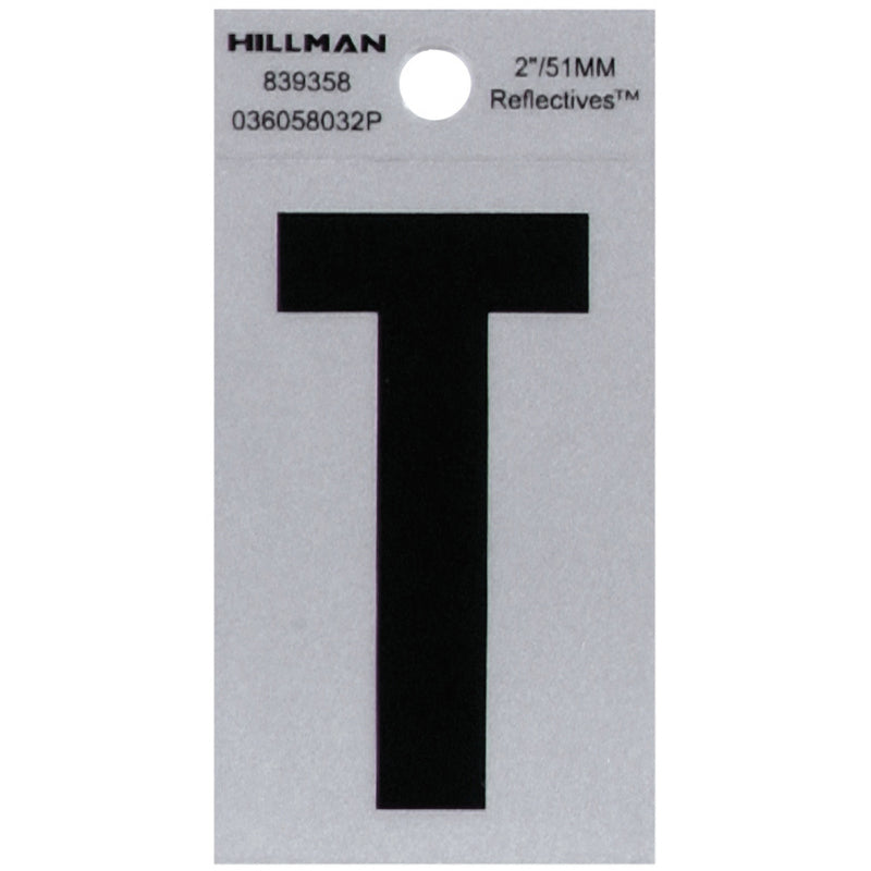 Hillman Group 839358 2 in. Black & Silver Reflective Mylar Square Cut Self Adhesive Letter - T - 6 Piece66