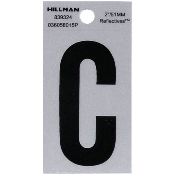 Hillman 839324 2 inches Letter C Square Cut Self Adhesive Sign, Silver and Black Highly Reflective Flexible Mylar, 2.375x1.5 inches 1-Sign (6-Pack)