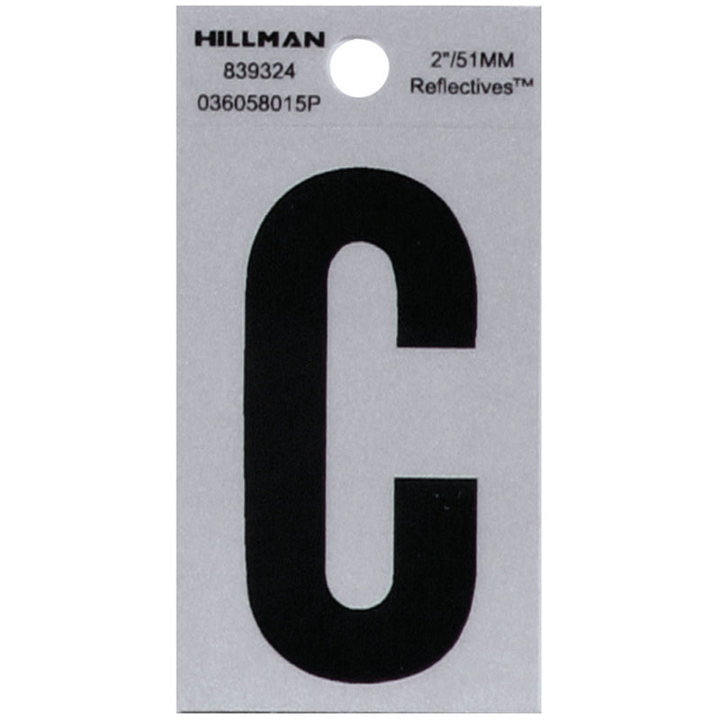 Hillman 839324 2 inches Letter C Square Cut Self Adhesive Sign, Silver and Black Highly Reflective Flexible Mylar, 2.375x1.5 inches 1-Sign