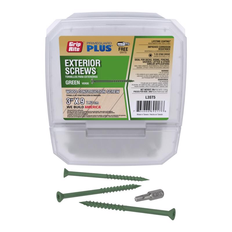 Grip Rite L3ST5 3-inch by 9 Green T-25 Star Drive PrimeGuard Plus Wood Construction Screw
