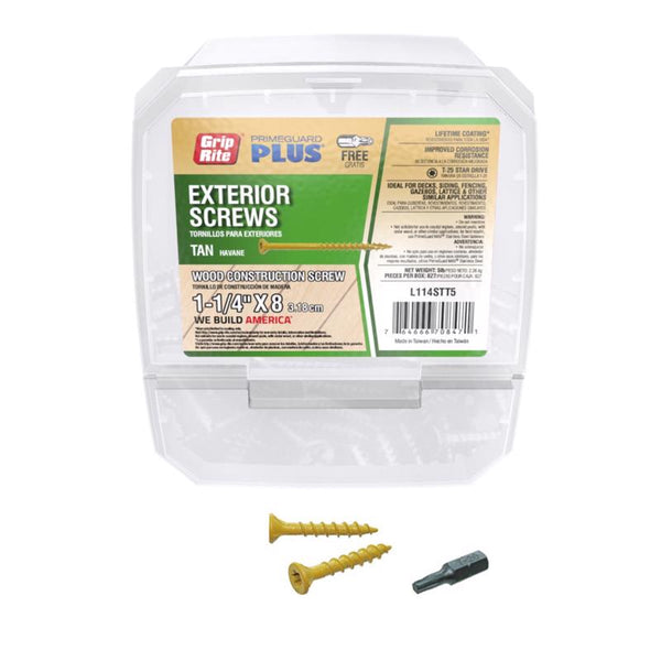 Grip Rite L114STT5 1-1/4-inch by 8 Tan T-20 Star Drive PrimeGuard Plus Wood Construction Screw