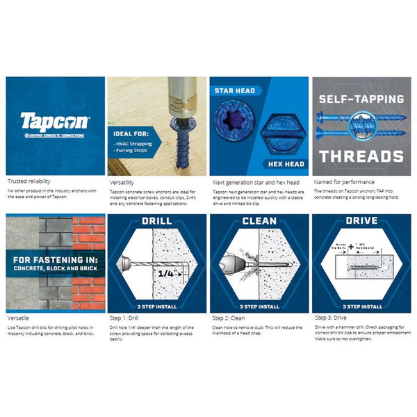 ITW Tapcon 3/16 in. Dia. x 1-1/4 in. L Steel Flat Head Concrete Screw Anchor 75 per box 28350