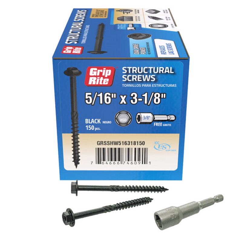 GRSSHW516318150-GRIP-RITE 5/16 X 3-1/8" PRIMEGUARD Plus Coated HEX Washer Head Type 17 Structural Screw 150 Count