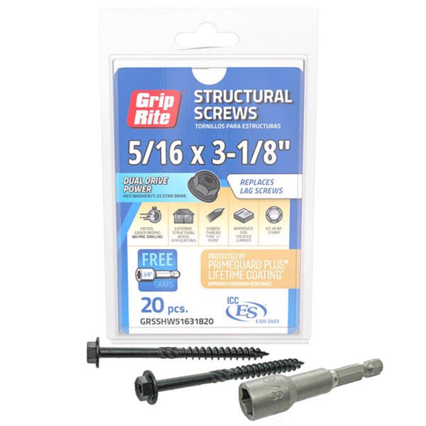 GRIP-RITE 5/16 X 3-1/8" PRIMEGUARD Plus Coated HEX Washer Head Type 17 Point Structural Screw 20PC GRSSHW51631820
