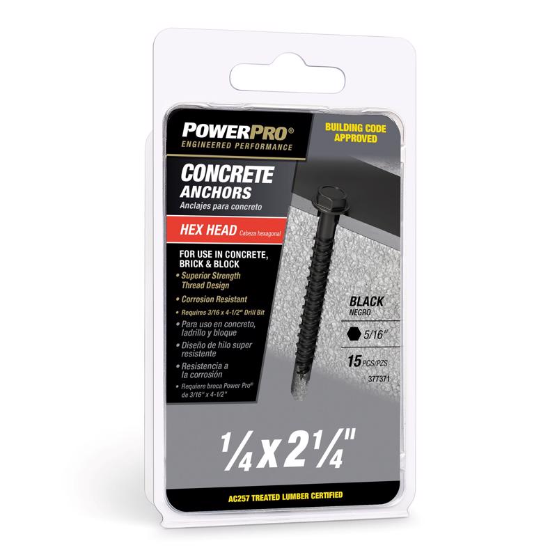 Hillman Power Pro 1/4 in. D X 2-1/4 in. L Carbon Steel Hex Head Concrete Screw Anchor 15 pc