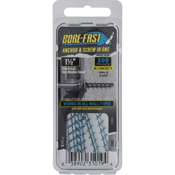Hillman 5049796 0.25 x 1.5 in. Borefast Steel Hex Head Screw & Anchor Silver - Pack of 6 377619