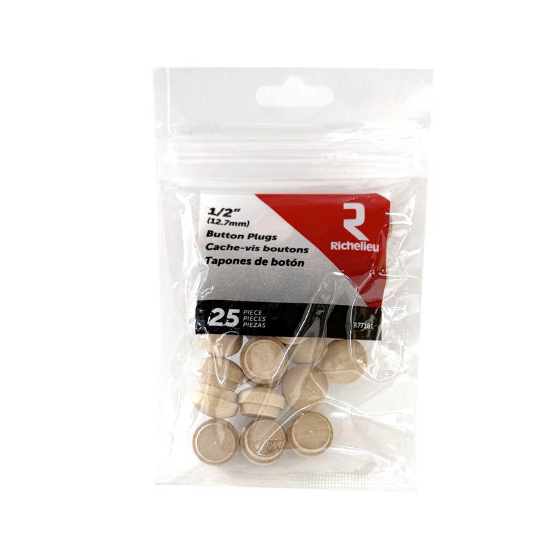 Richelieu 5059225 0.5 x 0.63 in. Round Birch Button Plug Natural - 25 per Pack - Pack of 5