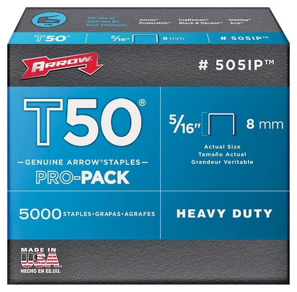 Arrow Fastener 505IP Heavy Duty T50 Staples for Upholstery, Construction, Furniture, Crafts, 5/16-Inch Leg Length, 3/8-Inch Crown Size, 5000-Pack