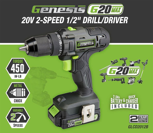 Genesis G20MAX 20V Cordless 1/2" Drill/Driver with 2.0Ah Battery and Charger, Metal Ratcheting Chuck, 450 in-lbs, 2 Year Warranty GLCD2012B