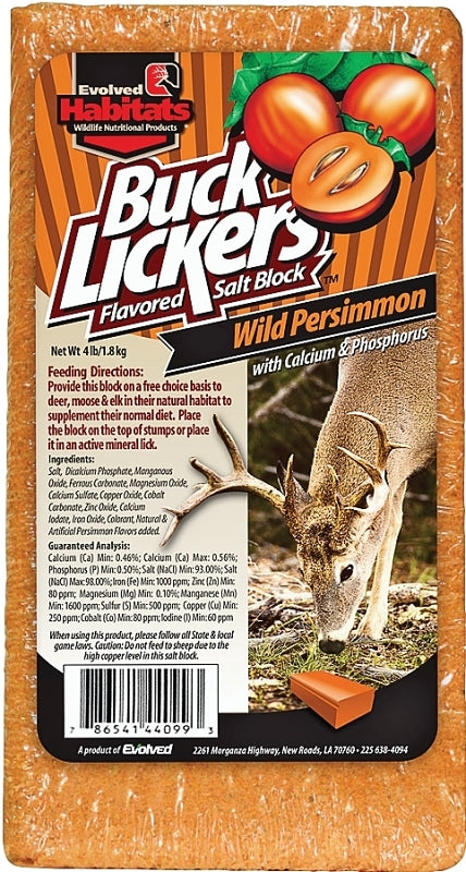 Evolved HABITATS Buck Lickers Wild Persimmon Flavored Salt Block 4 Lbs Mineral Deer Attractant - Ready & Easy to Use Time-Release All Year-Round Food Supplement for Deer, Elk & Moose 44099