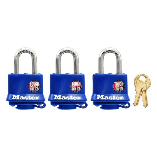 Master Lock 312TRI Laminated Padlock with Key & Thermoplastic Shell, Blue, Pack of 3 Keyed-Alike