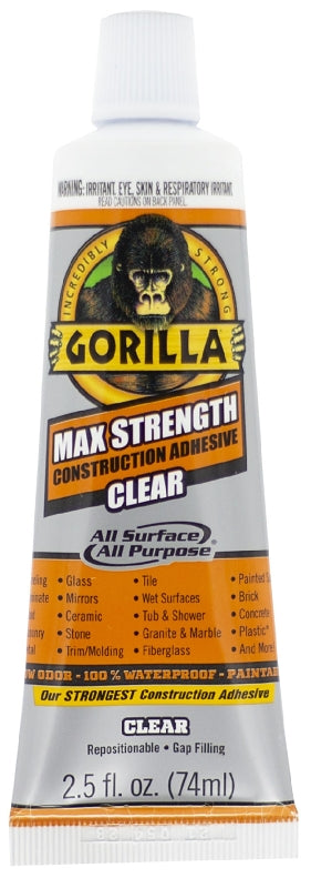 Gorilla Max Strength Construction Adhesive, Clear Glue, 2.5 Ounce Squeeze Tube (Pack of 1) - Gap Filling and Waterproof 105045