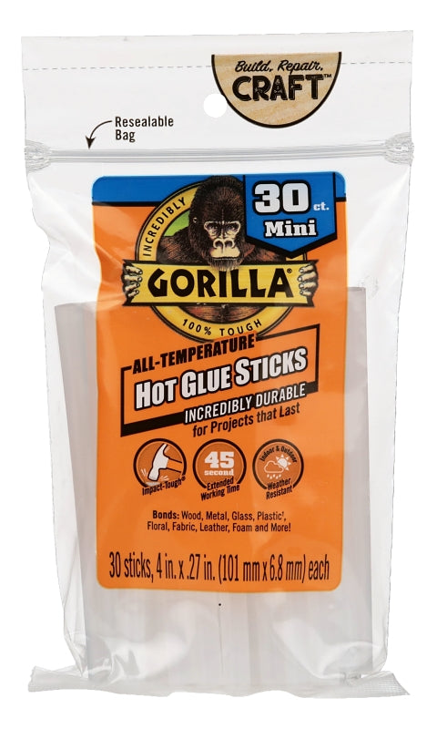 Gorilla Hot Glue Sticks, Mini Size, 4" Long x .27" Diameter, 30 Count, Clear, (Pack of 1) 3023003