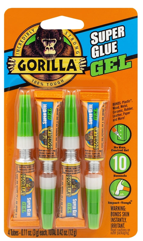 Gorilla Super Glue Gel, Clear Glue, Four 3 Gram Tubes (Pack of 1) - All Purpose and Fast Setting for Projects and Repairs 105809