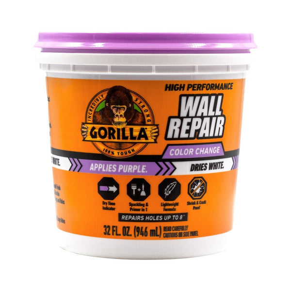 Gorilla High Performance Wall Repair Color Change, 32 Ounce Tub, Applies Purple, Dries White - Spackling & Primer in One, Shrink & Crack Resistant 118969