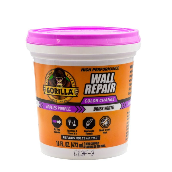 Gorilla High Performance Wall Repair Color Change, 16 Ounce Tub, Applies Purple, Dries White - Spackling & Primer in One, Shrink & Crack Resistant 116568