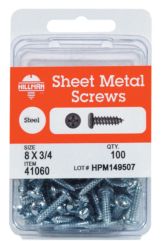 Hillman 6 in. x 3/4 in. L Phillips Pan Head Zinc-Plated Steel Sheet Metal Screws 100 1 pk