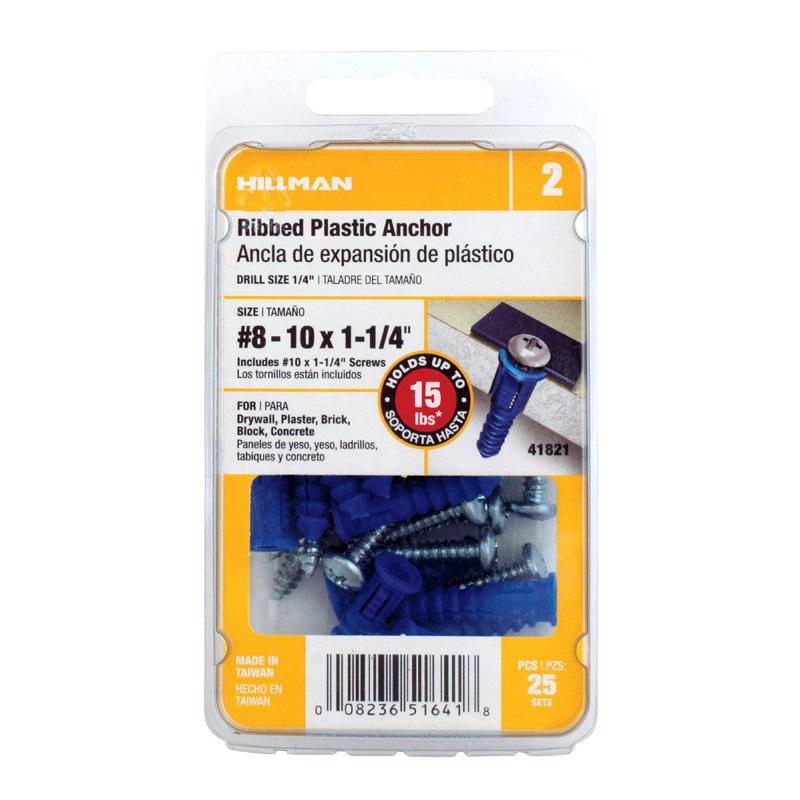 Hillman 0.164 in. Dia. x 1-1/4 in. L Plastic Ribbed Head Ribbed Anchor 25 pk