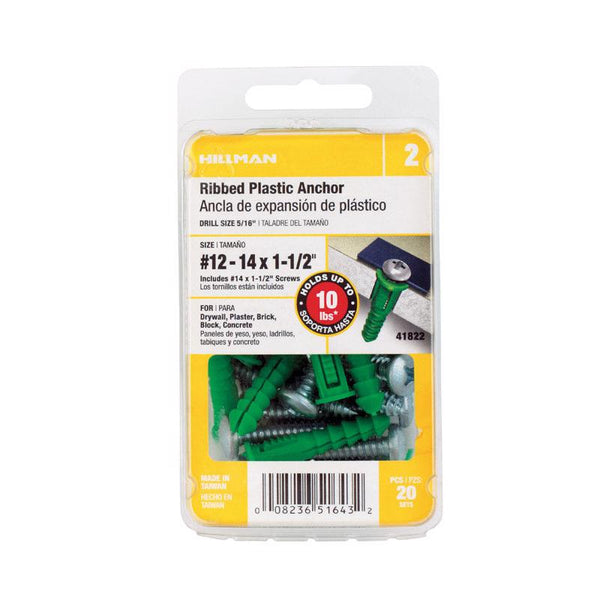 Hillman 1/4 in. Dia. x 1-1/2 in. L Plastic Ribbed Head Ribbed Anchor 20 pk 41822