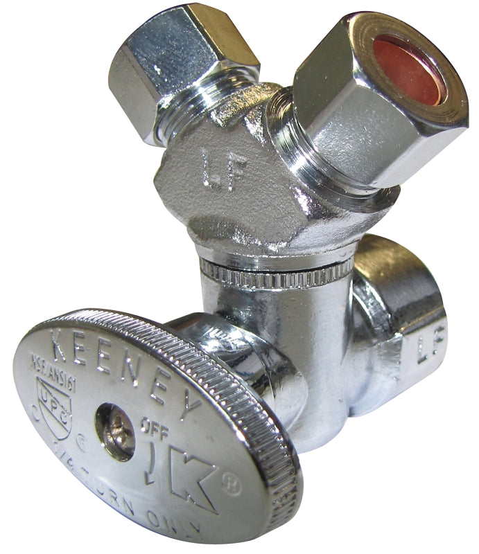Plumb Pak PP2901VLF 3-Way Stop Valve, 1/2 X 3/8 X 3/8 In, Fip X Compression, Chrome Plated, 1/2" x 3/8" x 3/8"