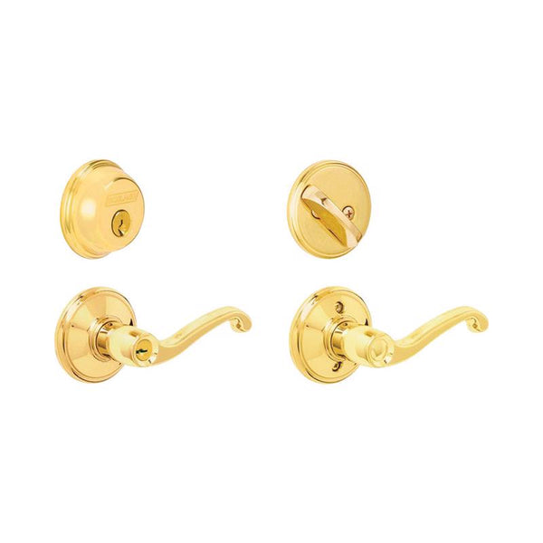 Schlage Deadbolt & Door Handle Set, Flair Lever, Bright Brass FB50NVFLA505