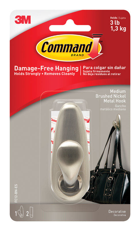 Command Strips FC12-BN Medium Brushed Nickel Classic Metal Hook & Command Adhesive