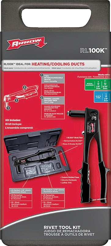 Arrow RL100K Rivet Tool Kit, Manual Riveter Set for Metal, Fabric, Leather, and Auto Repair, uses 1/8-Inch and 3/16-Inch Rivets, Includes Storage Case and 50 Rivets