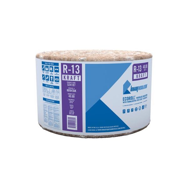 GUARDIAN BUILDING PROD KR94E/Takfiberglass Ecoroll Fiberglass Insulation, Series: Ecoroll, Kraft Faced, R13 R Value, 3-1/2 In Thickness, 15 In Width, 32' Length, 40 Sq' Coverage, Brown, Standards: Greenguard Certified, Leed Eligible KR94TAK